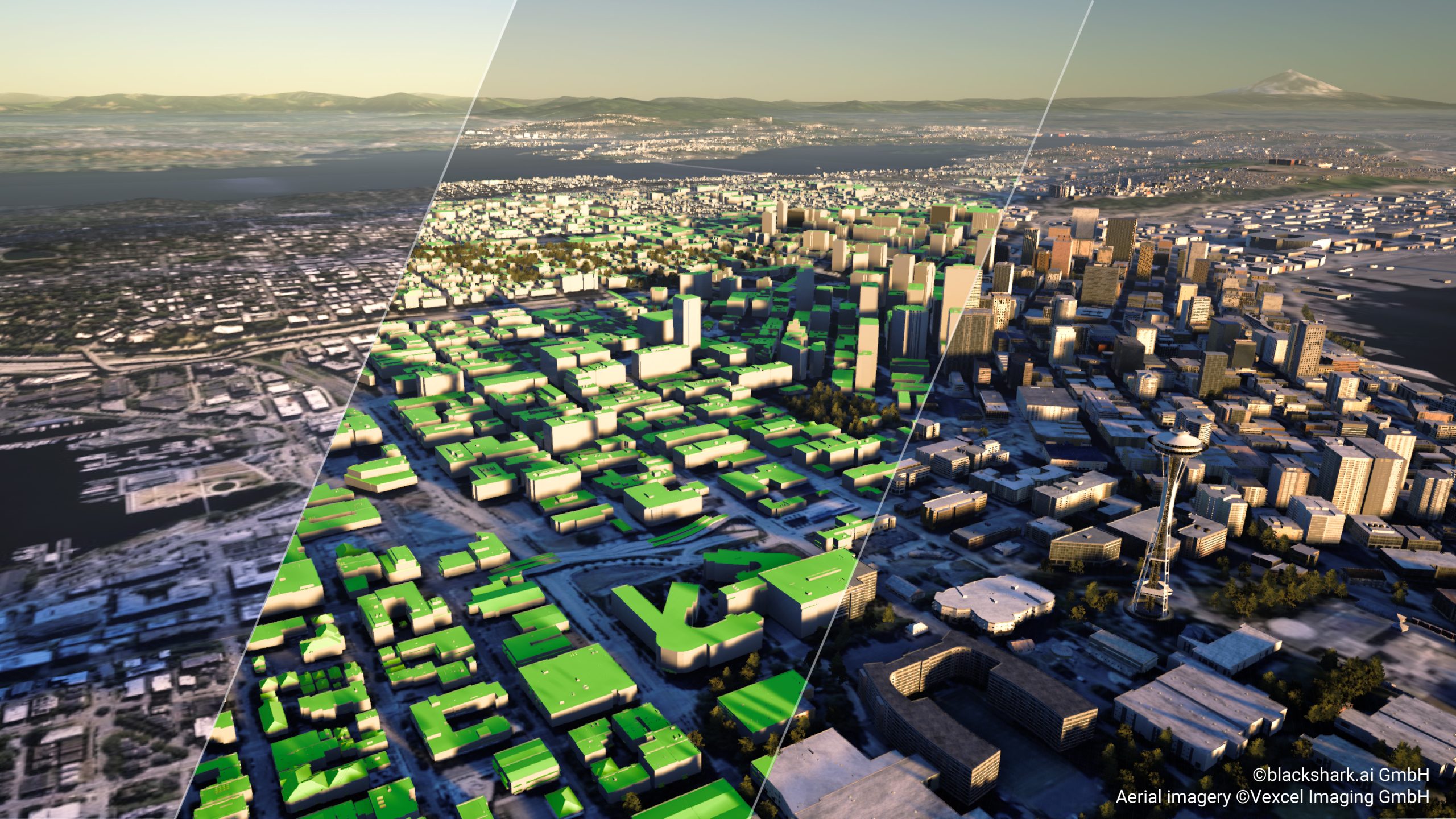 Digital Twin USA – Seattle rendered in the Blackshark.ai Globe Plugin for Unreal Engine as a semantic 3D map and as synthetic environment